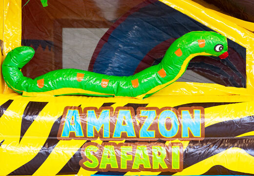 Almofada de ar inflável com teto e escorregador no tema safari com animais 3d em cima para venda para crianças