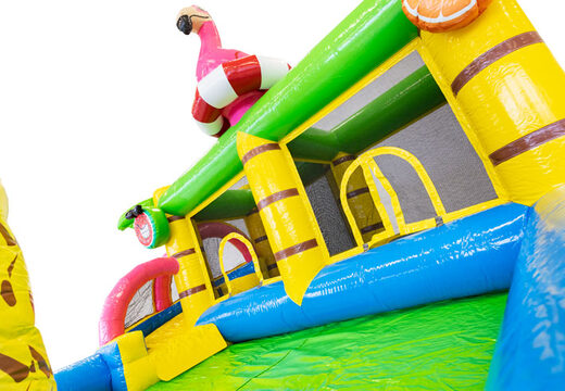 Castelo insuflável para crianças com o tema Flamingo. Compre infláveis ​​online na JB Insuflaveis Portugal