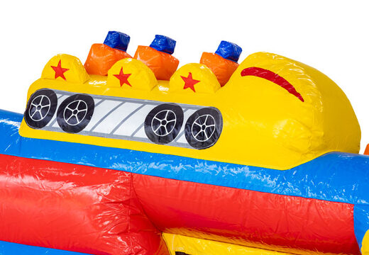Carrinho de montanha-russa em pista de obstáculos inflável azul vermelho amarelo