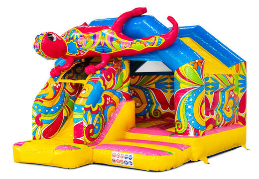 Castelo inflável combo de escorregador com cores amarelo, azul, rosa e flores