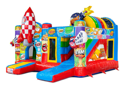 Encomende online o multiplay com tema de quadrinhos, apresentando um escorregador e objetos de jogo