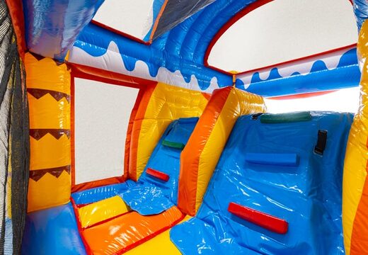 Parede de escalada do castelo inflável Multiplay dubbelslide tema praia azul amarelo laranja