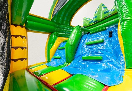 Parede de escalada do Multiplay Doubleslide com tema de crocodilo azul, amarelo, verde