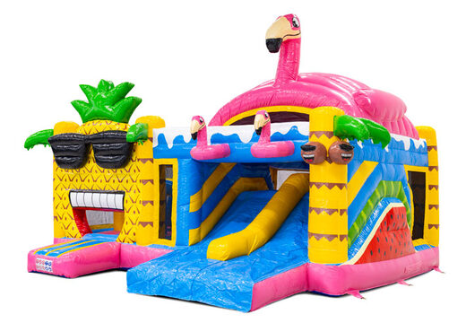 Compre o castelo insuflável Multiplay Doubleslide com tema de flamingo do Havaí na JB
