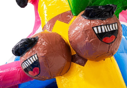 Figura 3D no castelo insuflável Dubbelslide com cocos sorridentes no tema flamingo do Havaí