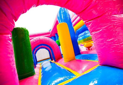Interior do castelo inflável Dubbelslide Multiplay azul amarelo rosa