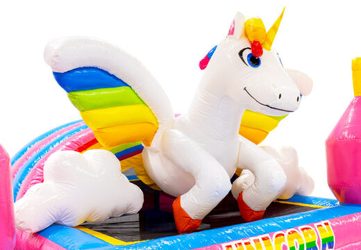 Figura 3D no castelo inflável Dubbelslide unicorn com asas de arco-íris Tema Unicornio