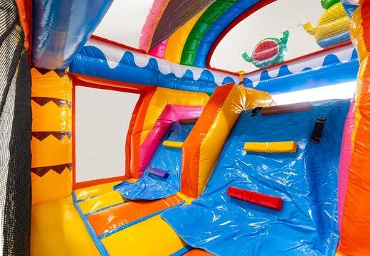 Parede de escalada do castelo inflável Multiplay Dubbelslide com tema de festa de verão em azul, amarelo, laranja