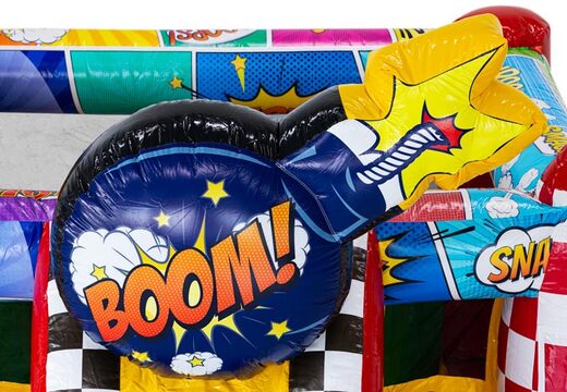 Mini colorido Bounce castelo insuflável em tema quadrinhos para locadoras, peça agora online