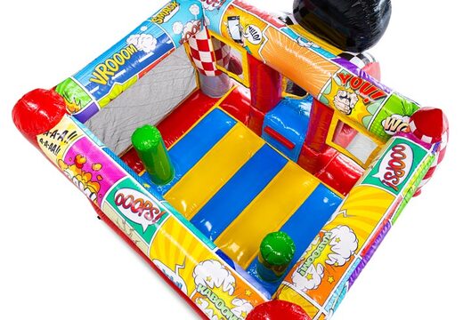 Compre o castelo insuflável Midi Bounce com design de quadrinhos, perfeito para locadoras