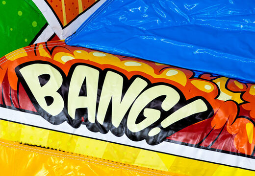 Castelo insuflável A-frame Super Comic estilo quadrinhos para crianças, agora disponível na JB Inflatables