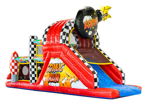 Pista de obstáculos em estilo de quadrinhos divertida com ilustrações detalhadas